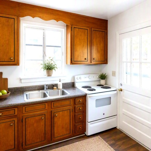 a kitchen with wooden cabinets