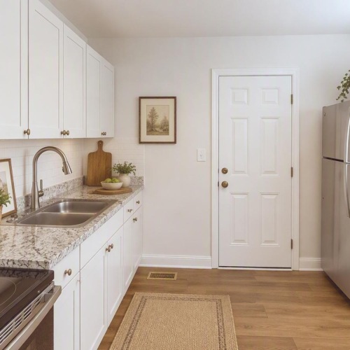 a kitchen with white cabinets