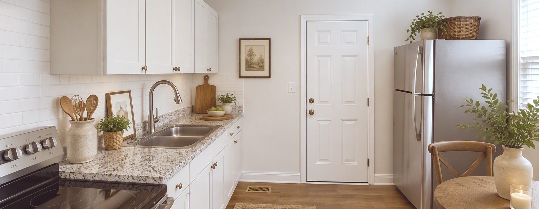 a kitchen with white cabinets