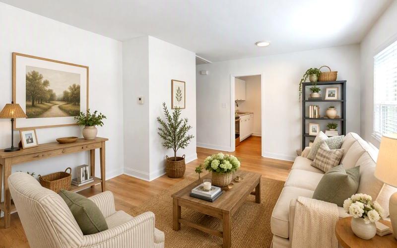 a living room with a couch and a coffee table