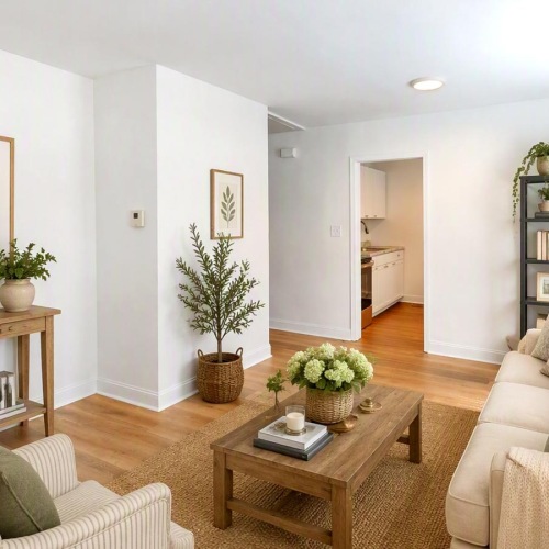 a living room with a couch and a coffee table